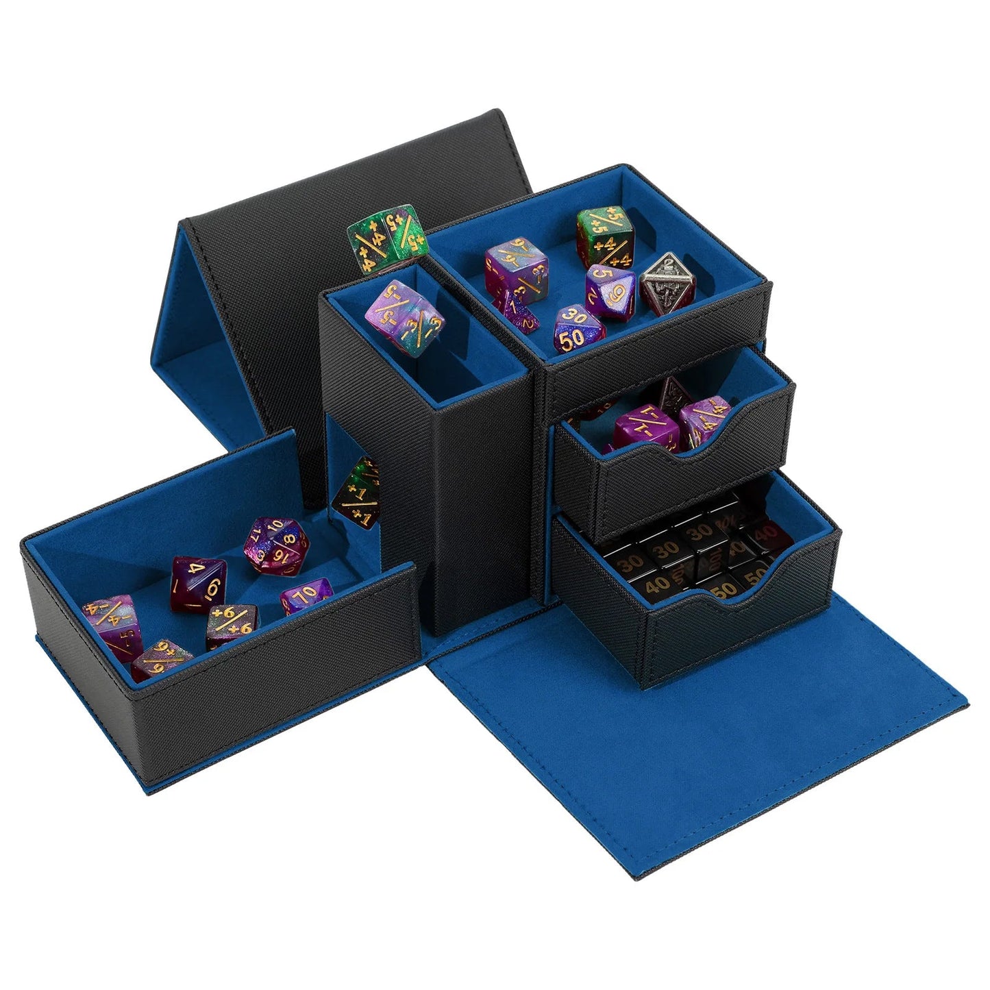 A black faux-leather polyhedral dice storage box set with a blue velvet interior, shown open with multiple compartments and drawers containing colorful dice. 