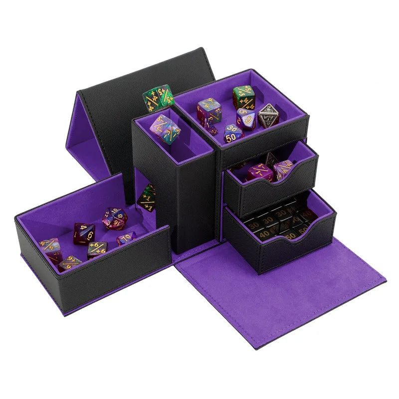 A purple and black polyhedral dice storage box set shown open on a white background, with several dice displayed inside the compartments.
