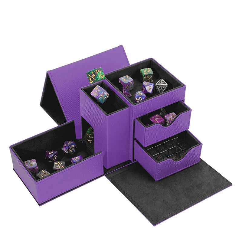 A purple multi-drawer storage box for playing cards or dice, shown open with several polyhedral dice inside. 