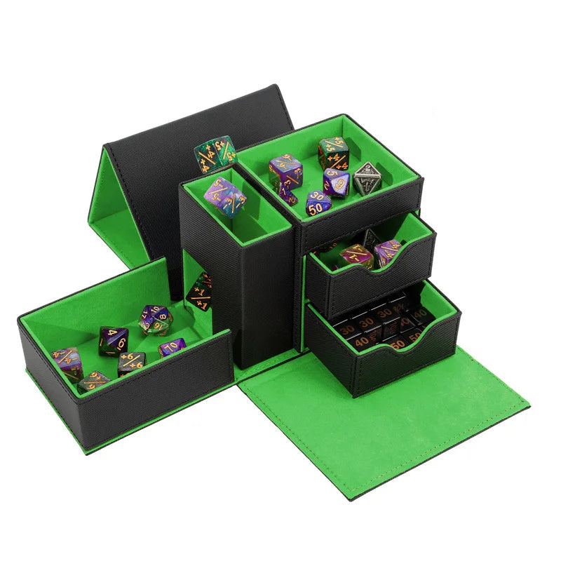 A black and green multi-drawer polyhedral dice storage box shown open, filled.