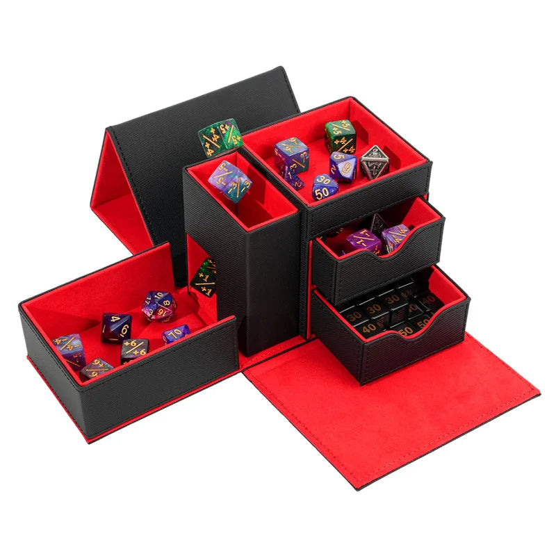 A black and red multi-drawer dice storage box set shown open on a white background, with several colorful polyhedral dice inside.