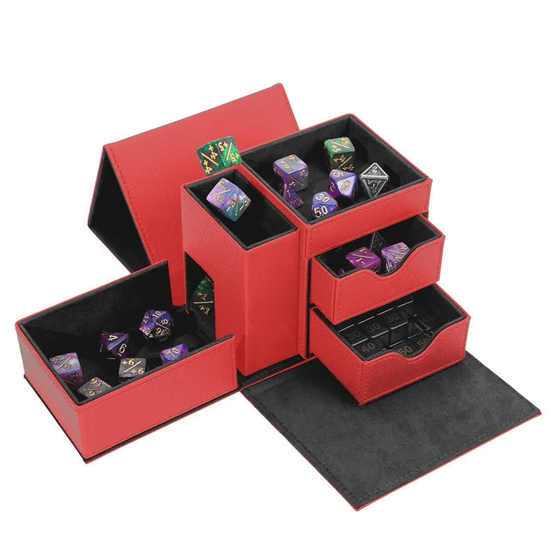 A red leather-like polyhedral dice storage box set shown open on a white background, with multiple compartments holding purple, green, and silver poly dice. 
