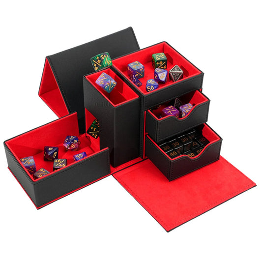 A black and red multi-drawer dice storage box set with several polyhedral gaming dice displayed inside.