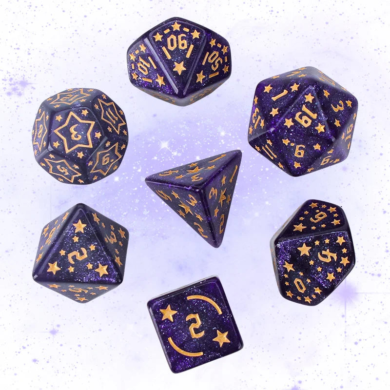 Set of purple polyhedral dice with gold star and number designs on a light purple background.