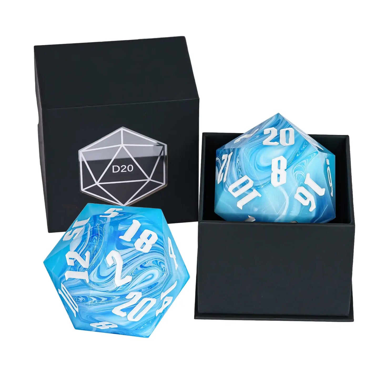 Two blue marbled D20 gaming dice with white numbering, shown alongside a black presentation box. One die is placed outside the box, and the other sits inside the open box.