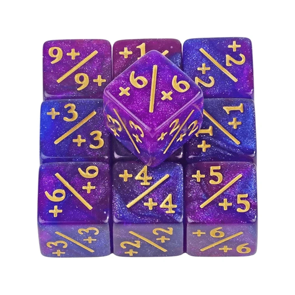 Purple and blue dice set with gold numbers on a white background