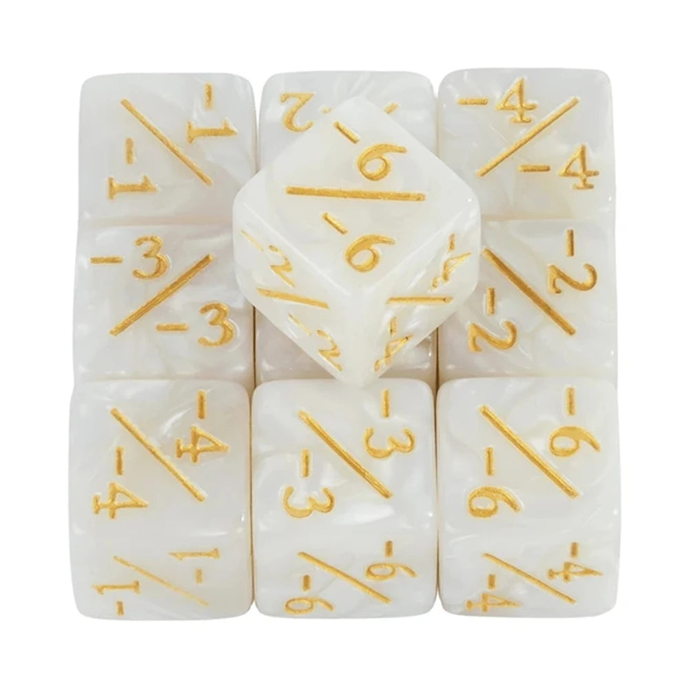 Set of white dice with gold numbers on a white background