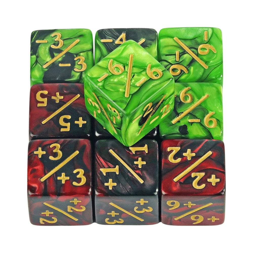 Set of polyhedral dice with green, red, and black colors on a white background