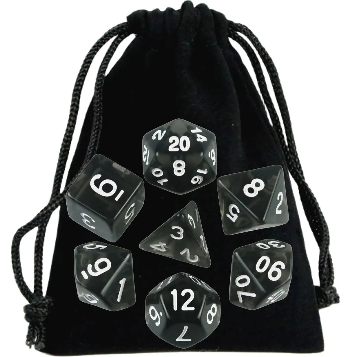 Set of transparent dice with numbers on a black drawstring bag