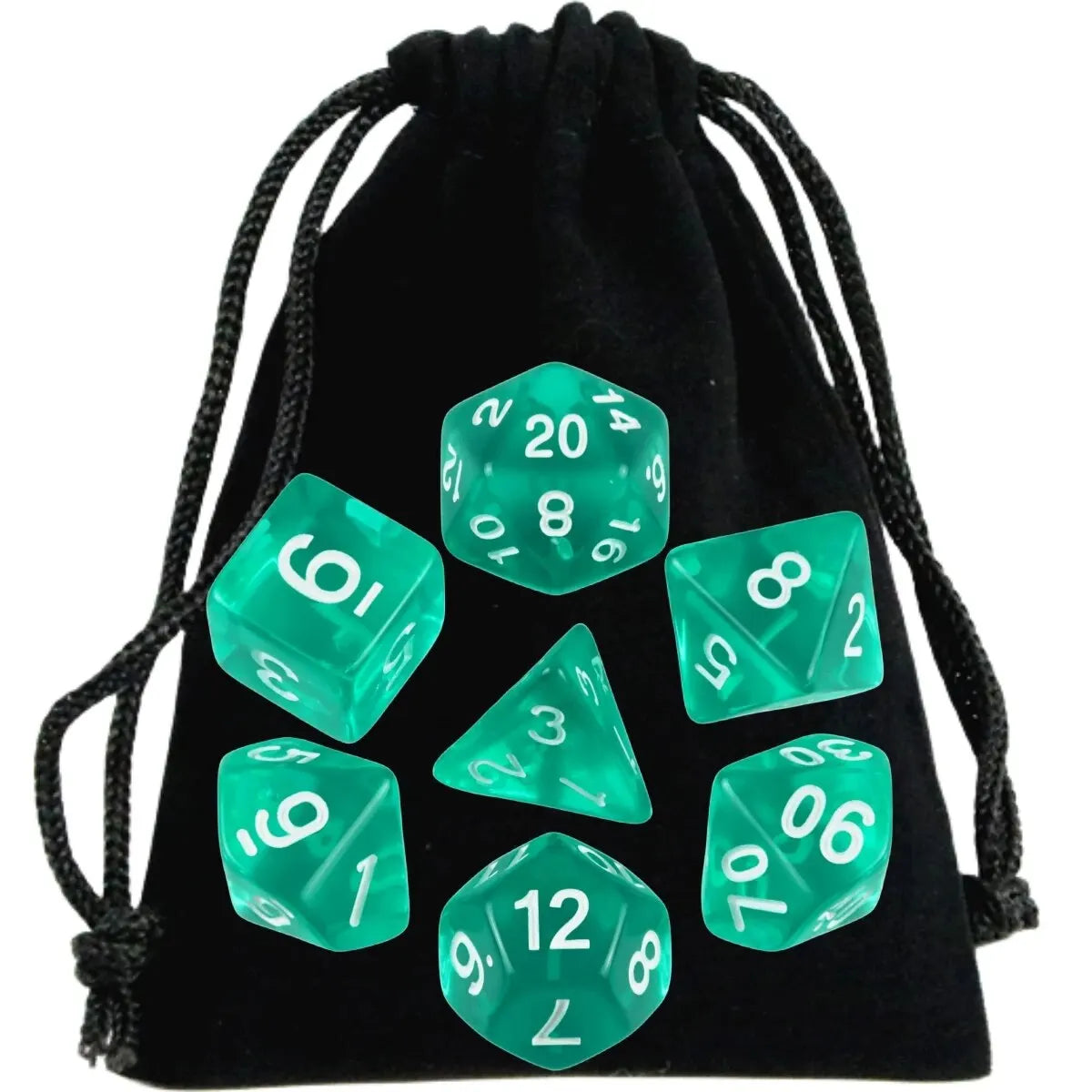 Set of green dice with white numbers on a black drawstring bag