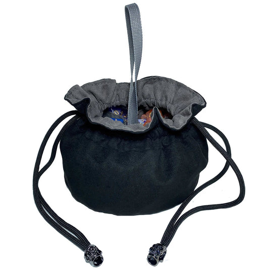 Black drawstring bag with gray interior on a white background.