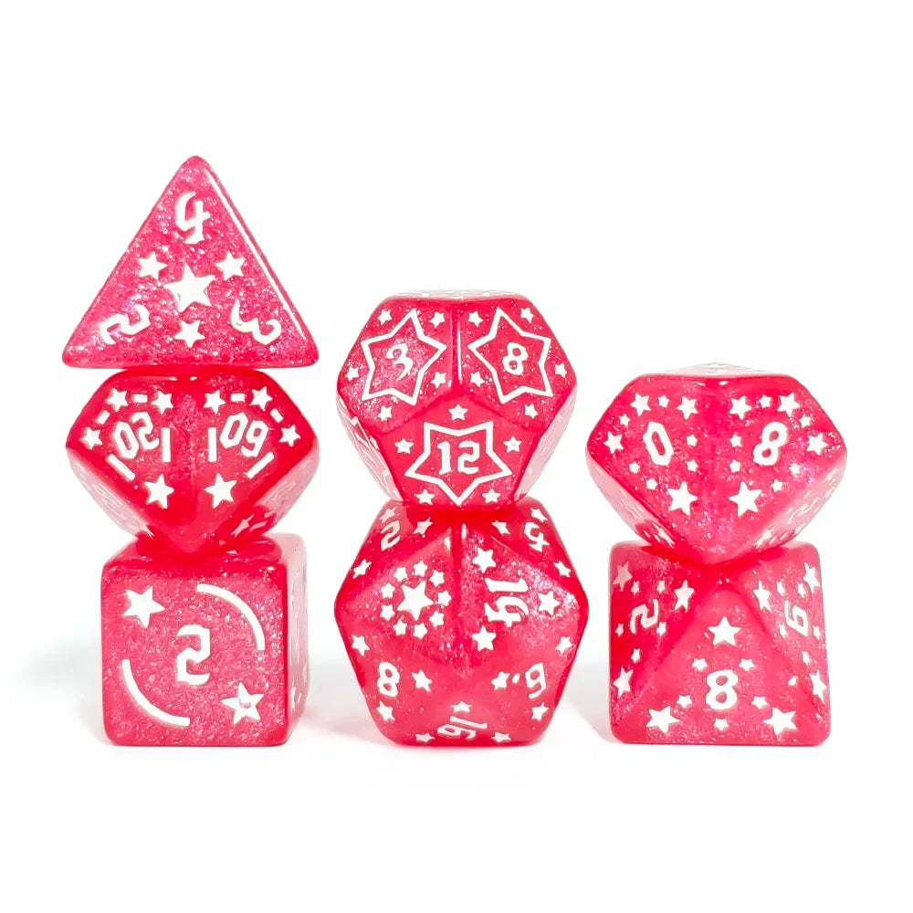 Set of red dice with white star and number patterns on a white background