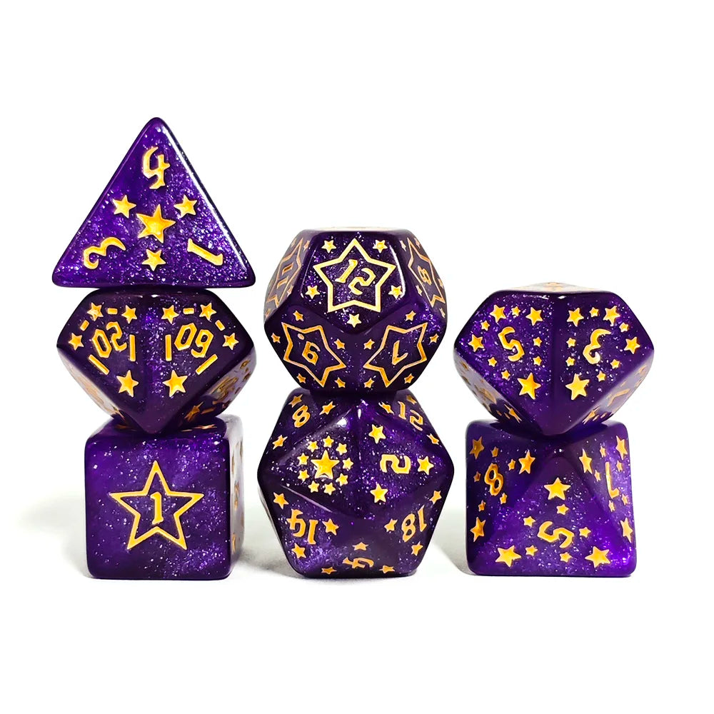 Set of purple polyhedral dice with gold star and number designs on a white background