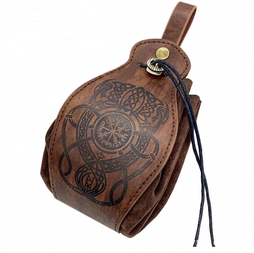 Brown leather pouch with intricate black designs on a white background