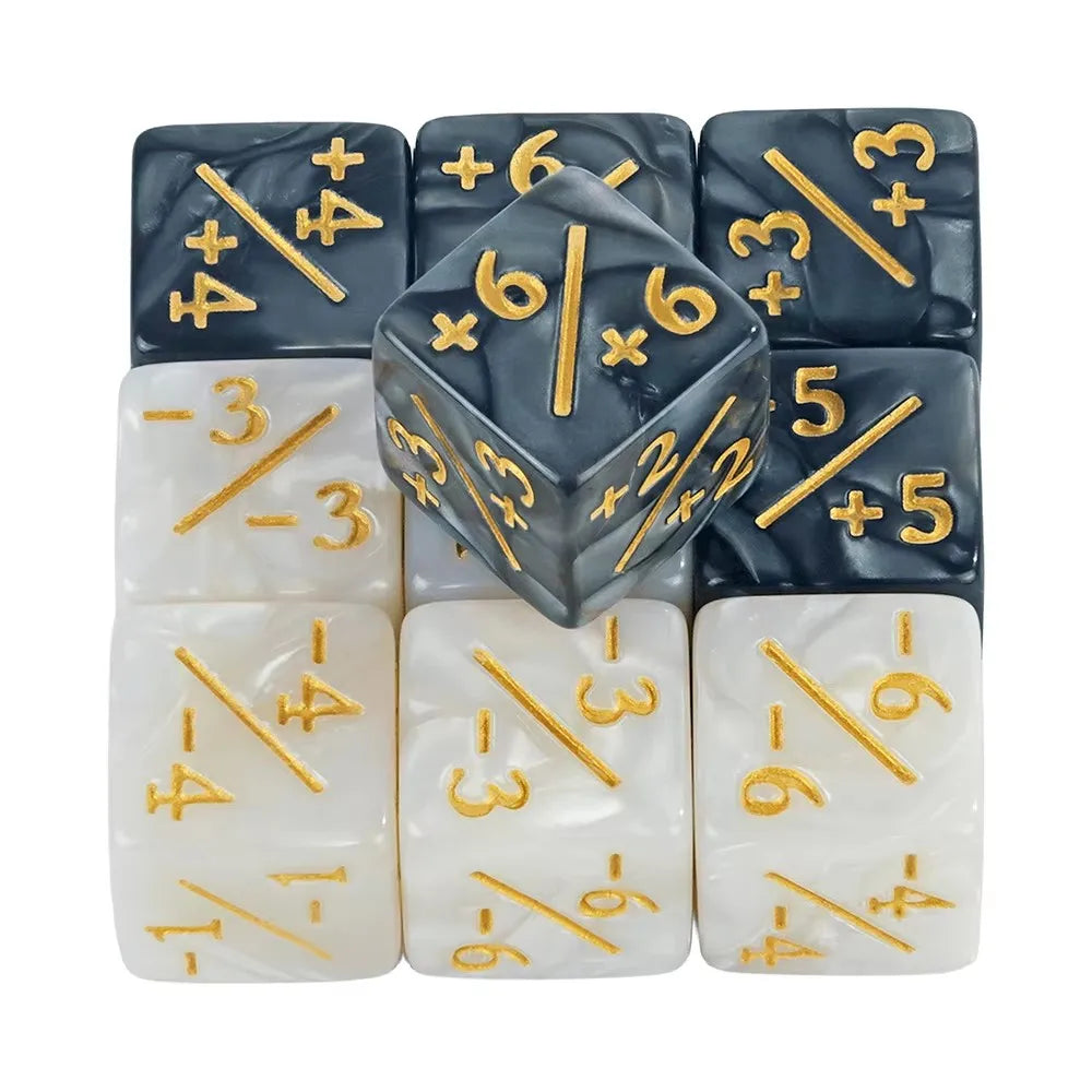 Set of polyhedral dice with blue, white, and gray colors and gold numbering on a white background.