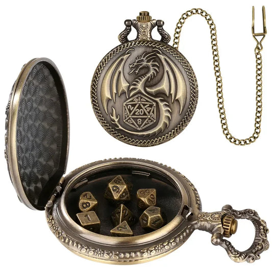 An antique-style bronze pocket watch pendant with a dragon motif on the front cover, shown both open and closed. The open view reveals a black interior holding a set of matching polyhedral dice.