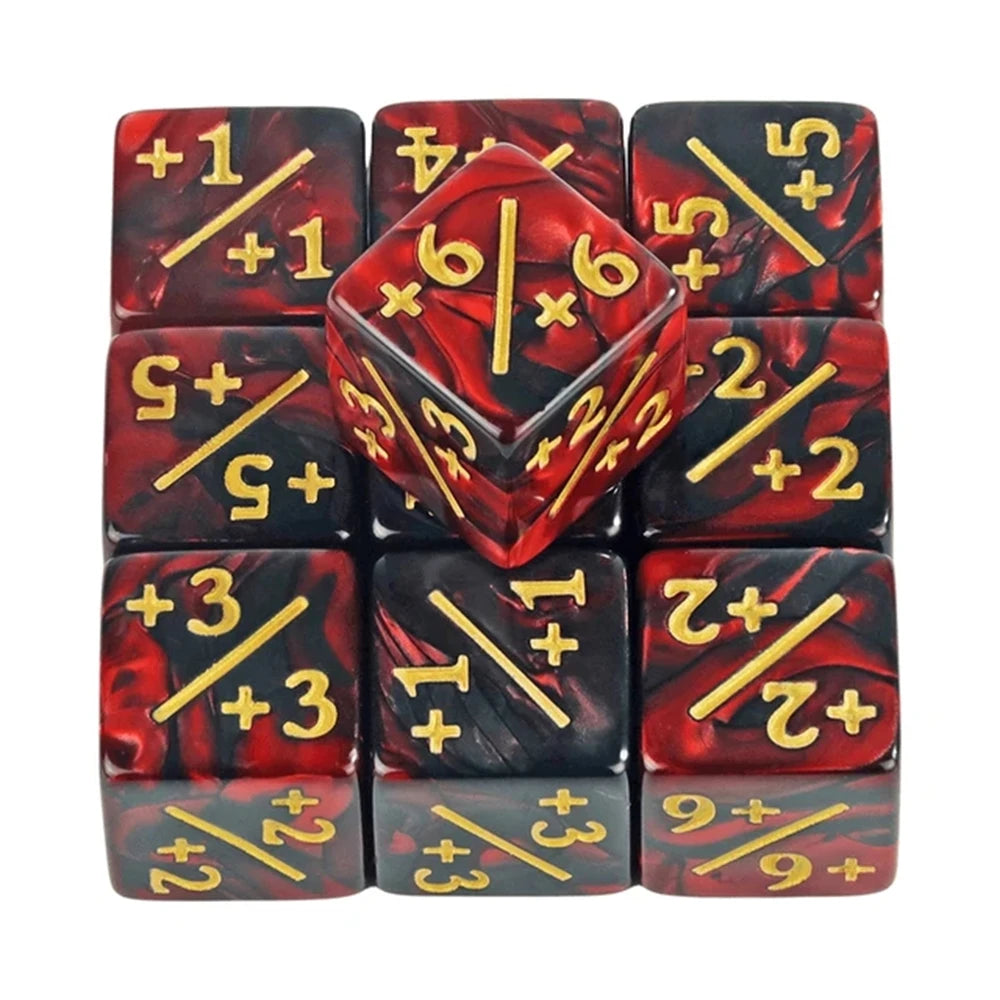 Set of red and black dice with yellow numbering on a white background