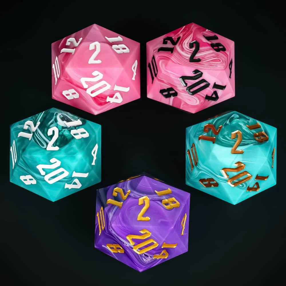 Five translucent polyhedral dice in pink, teal, purple, and aqua, each showing multiple faces with white, black, or gold numbering, arranged on a black background.