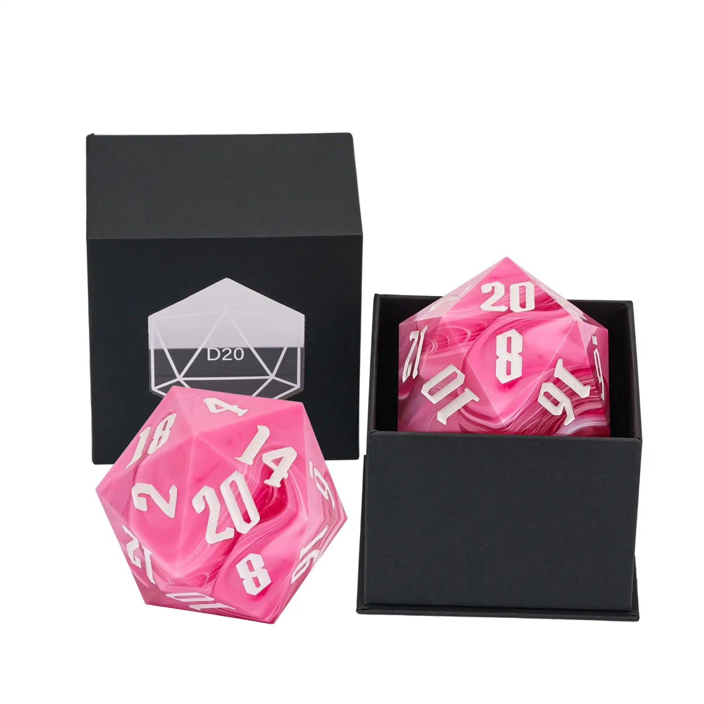 A set of pink swirl polyhedral gaming dice with white numbering, shown with black presentation boxes on a white background.