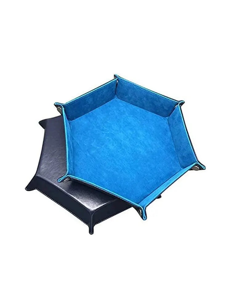 Hexagonal blue and black folding tray on a white background