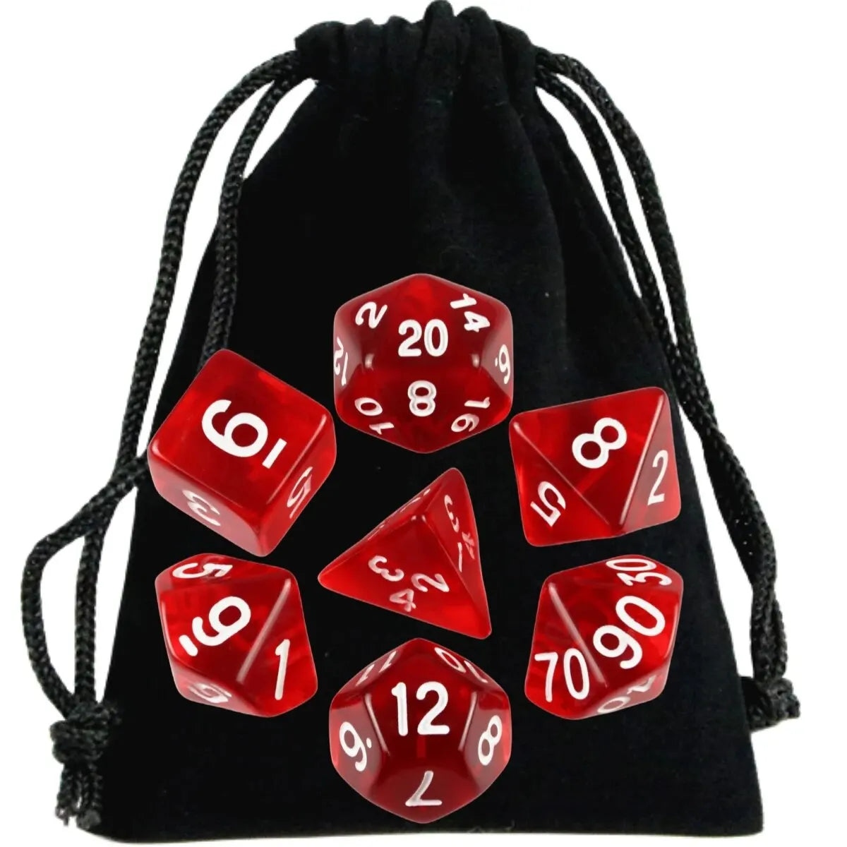 Set of red dice with white numbers in a black drawstring bag