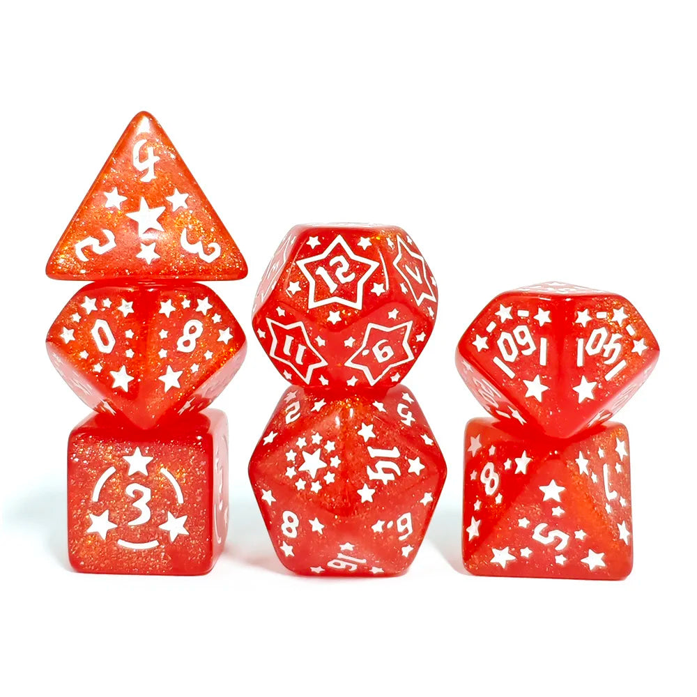 Set of red dice with white numbers and star patterns on a white background