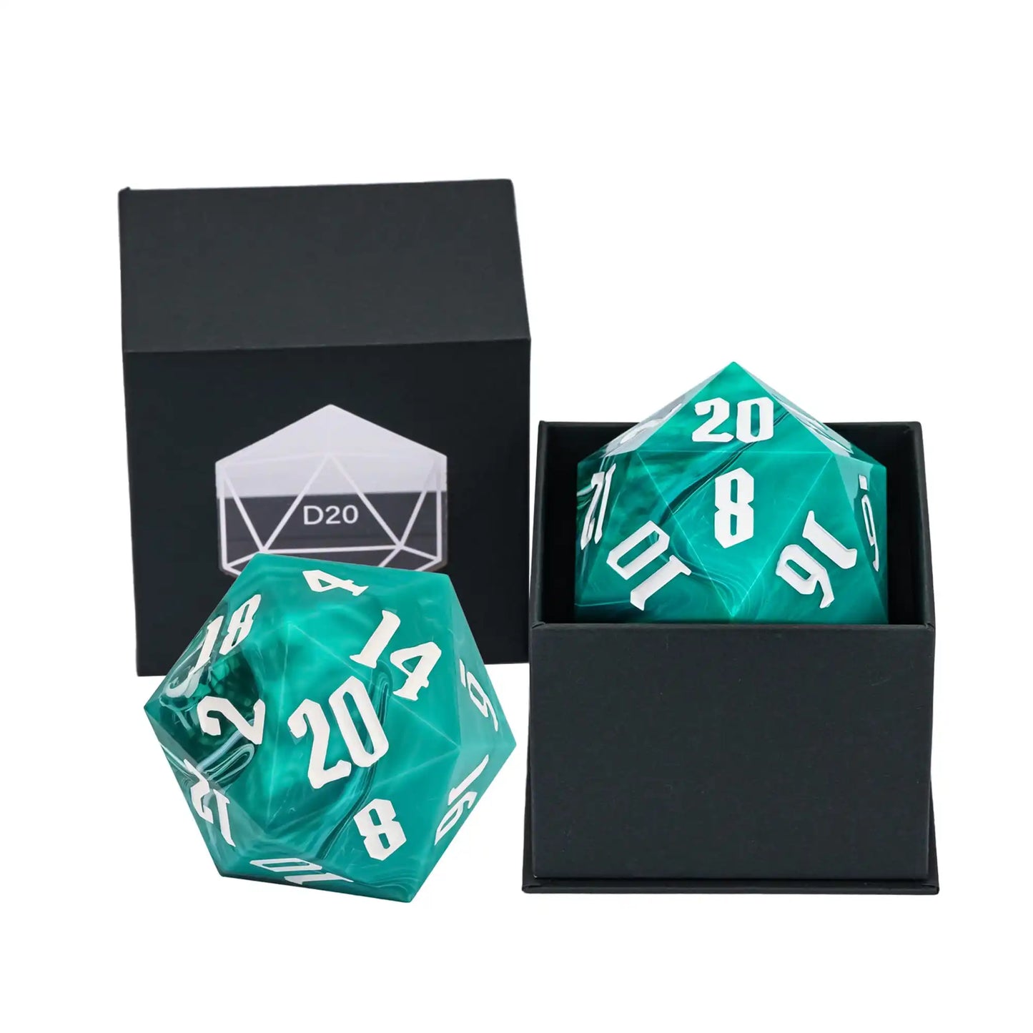 A green marbled D20 with white numbering displayed with a black presentation box on a white background.