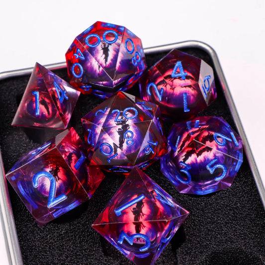 A set of red and blue translucent ttrpg dice with blue numbering. Inside each die there is a liquid core, containing a fantasy eye staring upwards.