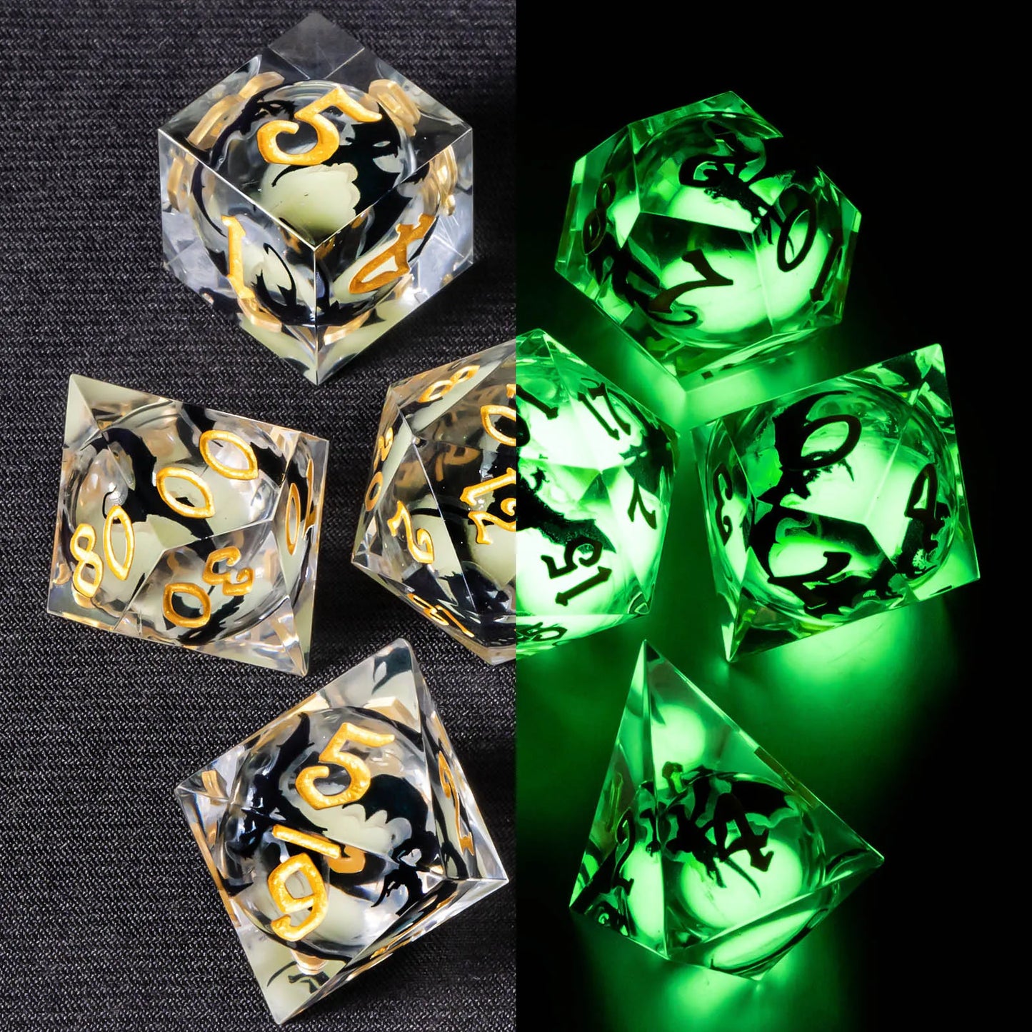 A set of transparent acryilic dice with a white glitter and bat liquid core, and gold numbering. The image is split down the middle, the left showing the die in normal light, while on the right, the glitter is glowing bright green showing that it glows in the dark.