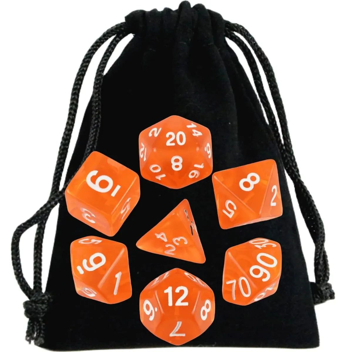 Set of orange polyhedral dice with white numbers on a black drawstring bag.