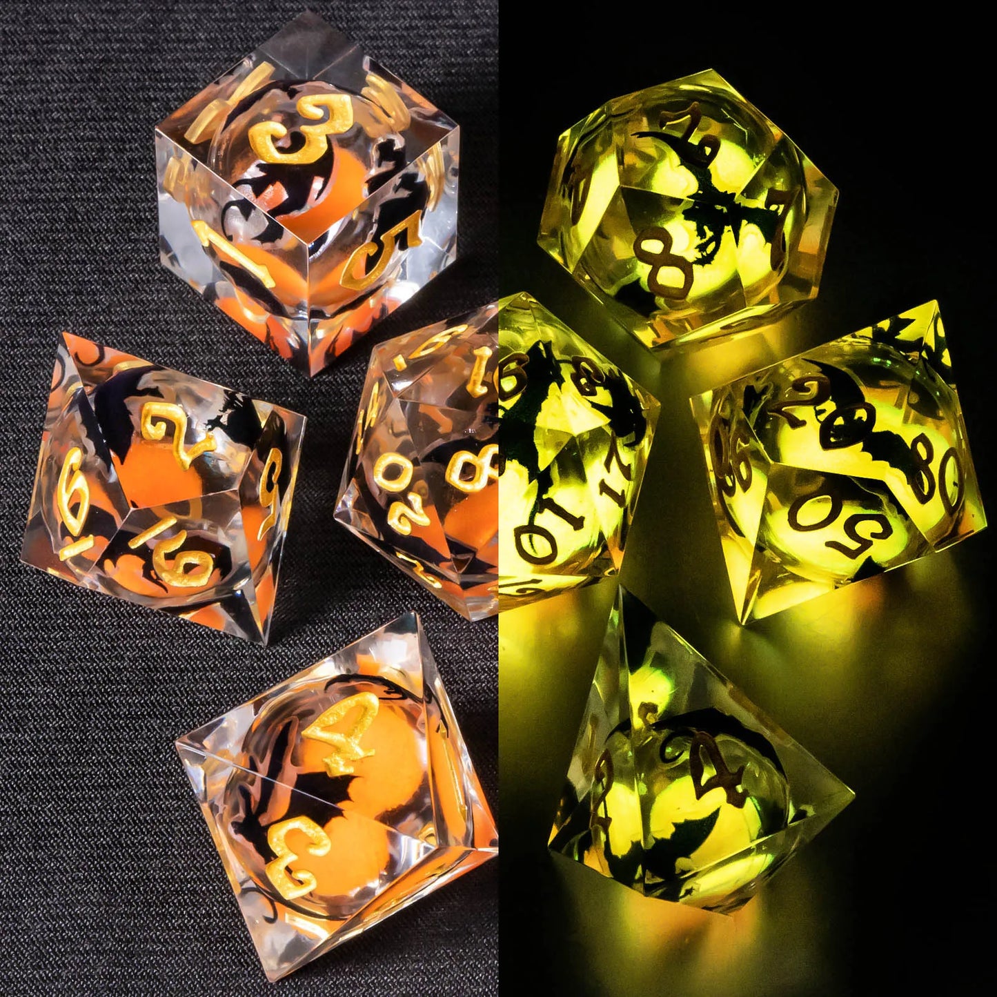 A set of transparent acryilic dice with an orange glitter and bat liquid core, and gold numbering. The image is split down the middle, the left showing the die in normal light, while on the right, the glitter is glowing bright yellow, showing that it glows in the dark.