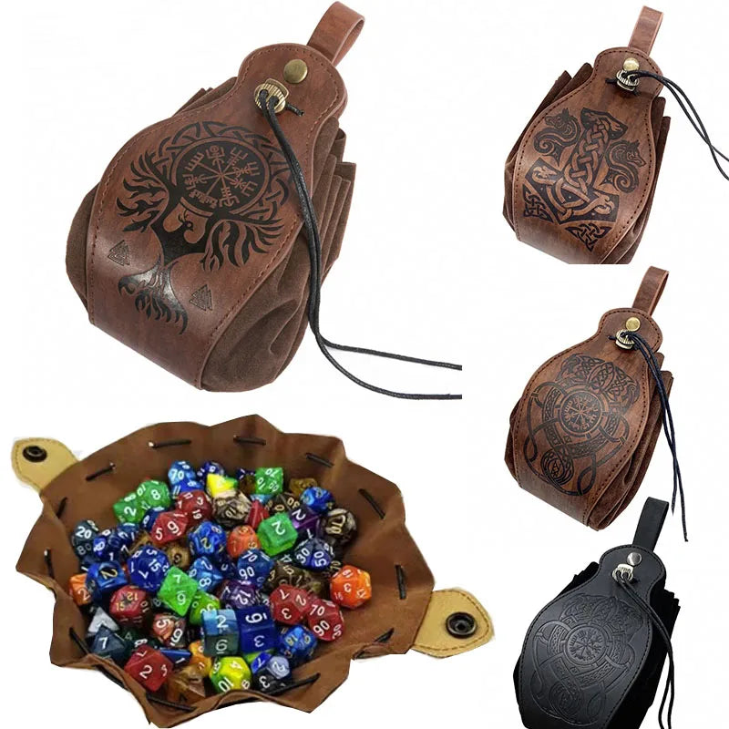 A set of brown leather dice bags and a black leather dice bag, all embossed with a tree design, shown on a white background. One bag is open and filled with colorful polyhedral RPG dice, and two other bags are shown closed from different angles.
