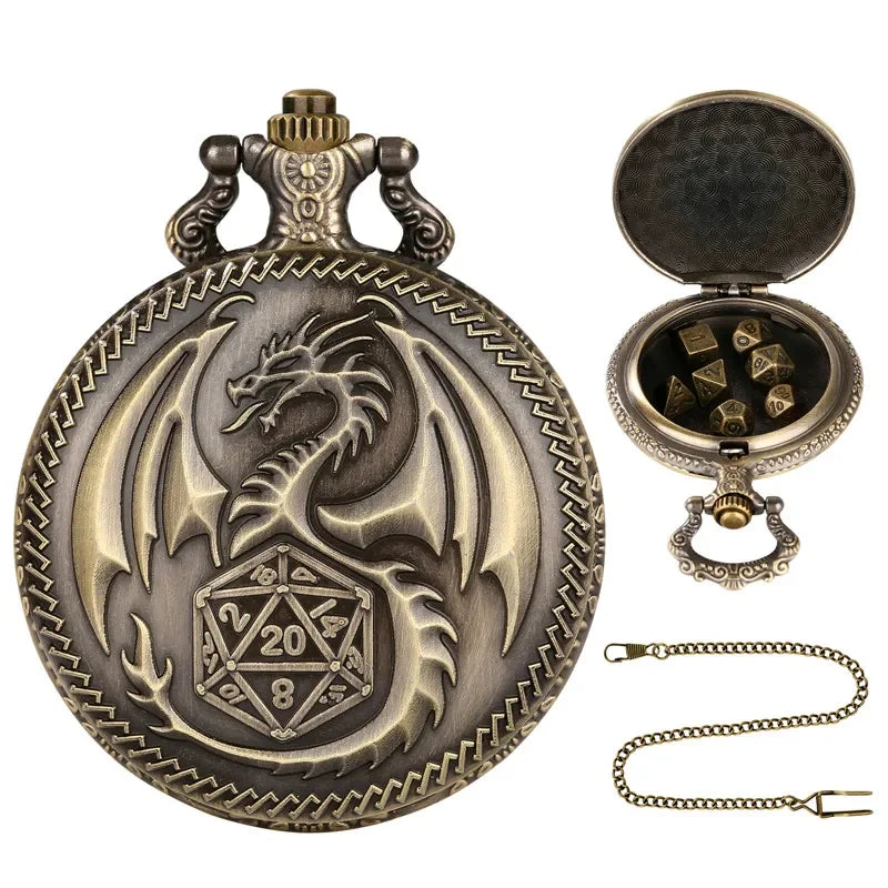 Bronze pocket watch with dragon design and open face showing dice, on a white background