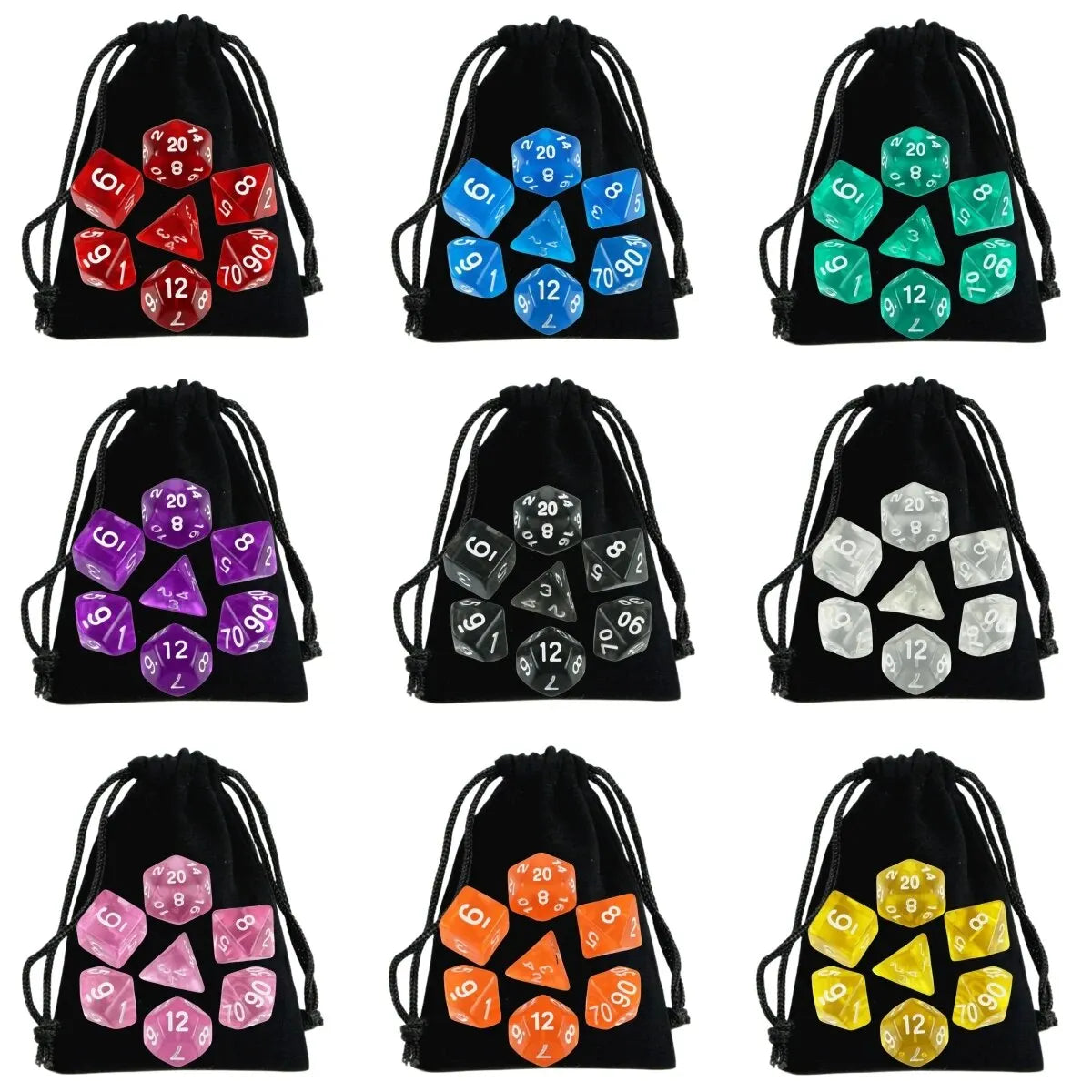 Set of nine black drawstring bags with various colored polyhedral dice sets on a white background
