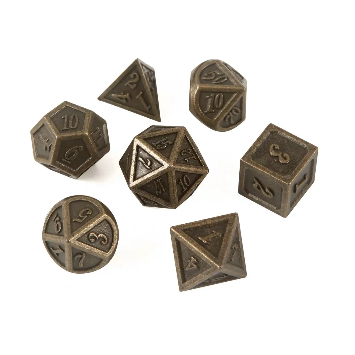 Set of bronze polyhedral dice on a white background