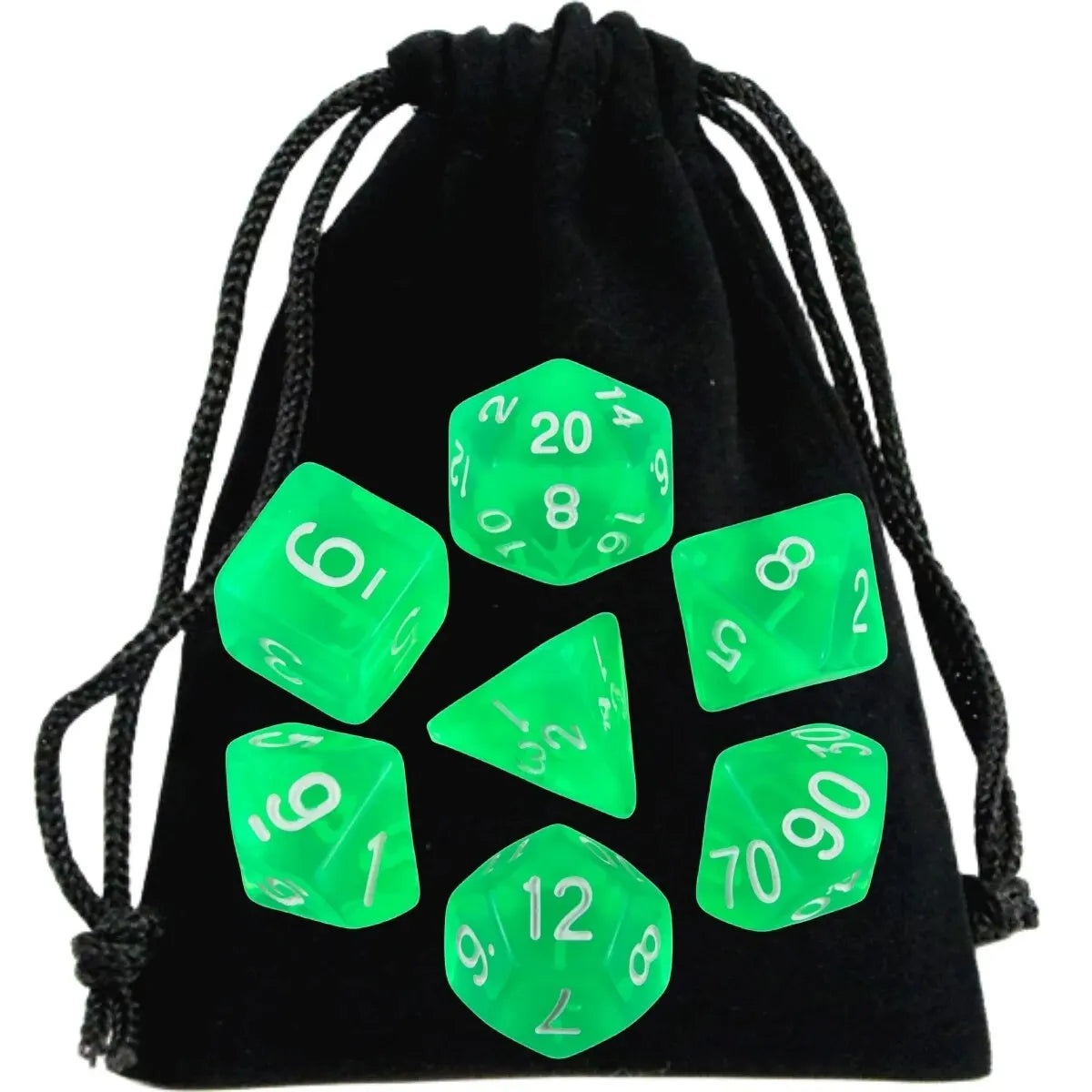 Set of green dice with white numbers on a black drawstring bag