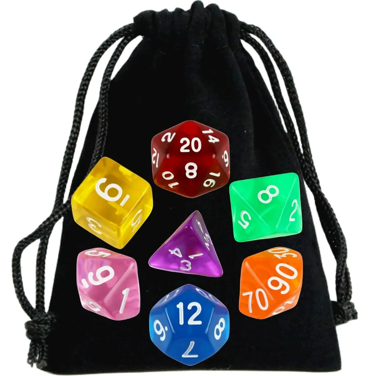 Set of colorful polyhedral dice with a black drawstring bag on a white background