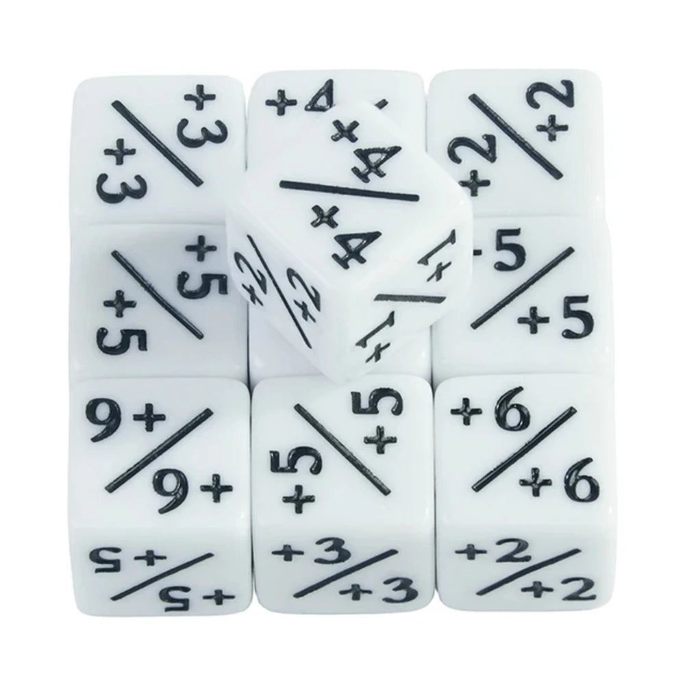 Set of white dice with mathematical symbols and numbers on a white background