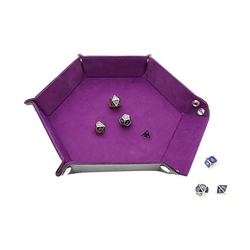 Purple hexagonal dice tray with dice on a white background