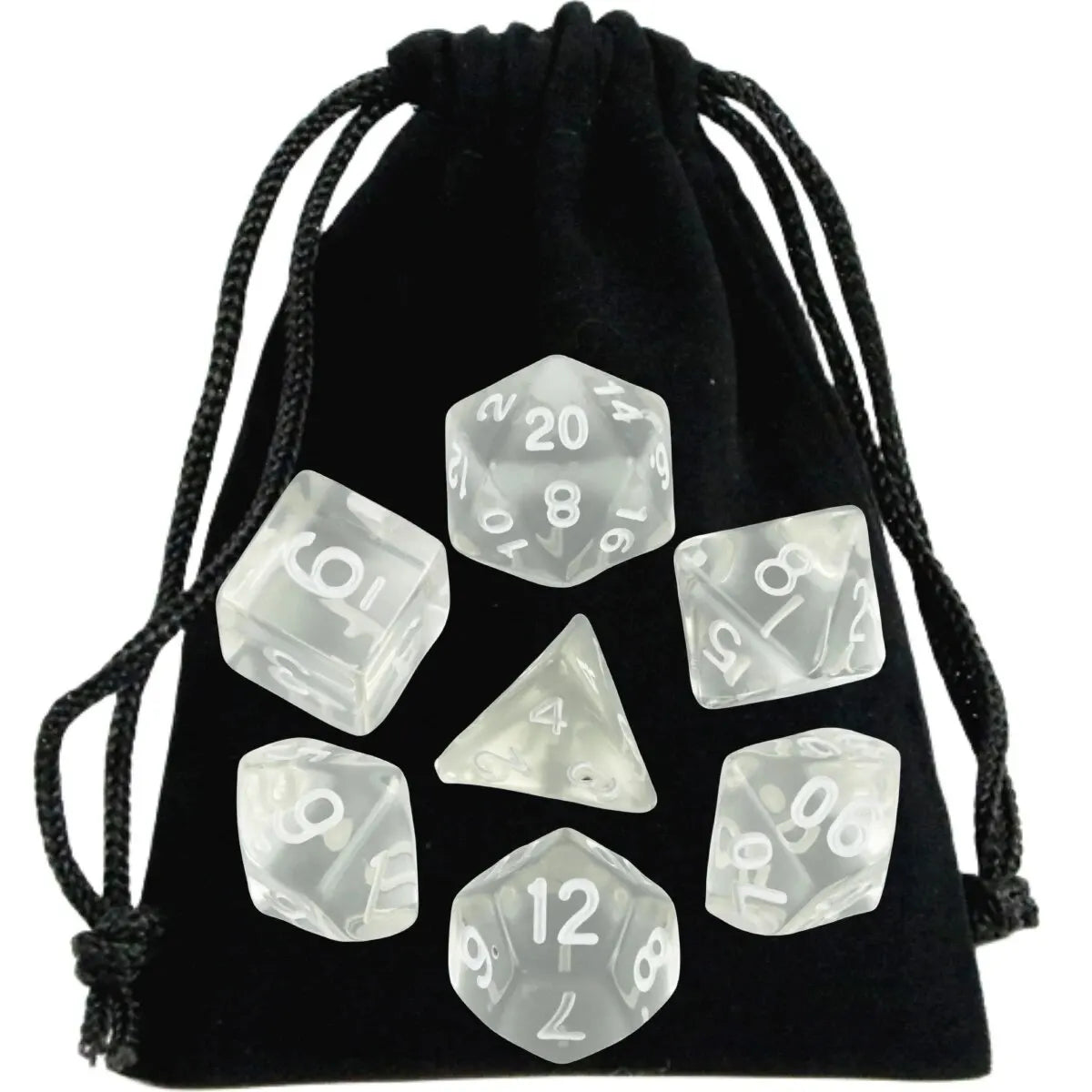 Set of translucent dice with numbers in a black drawstring bag on a white background