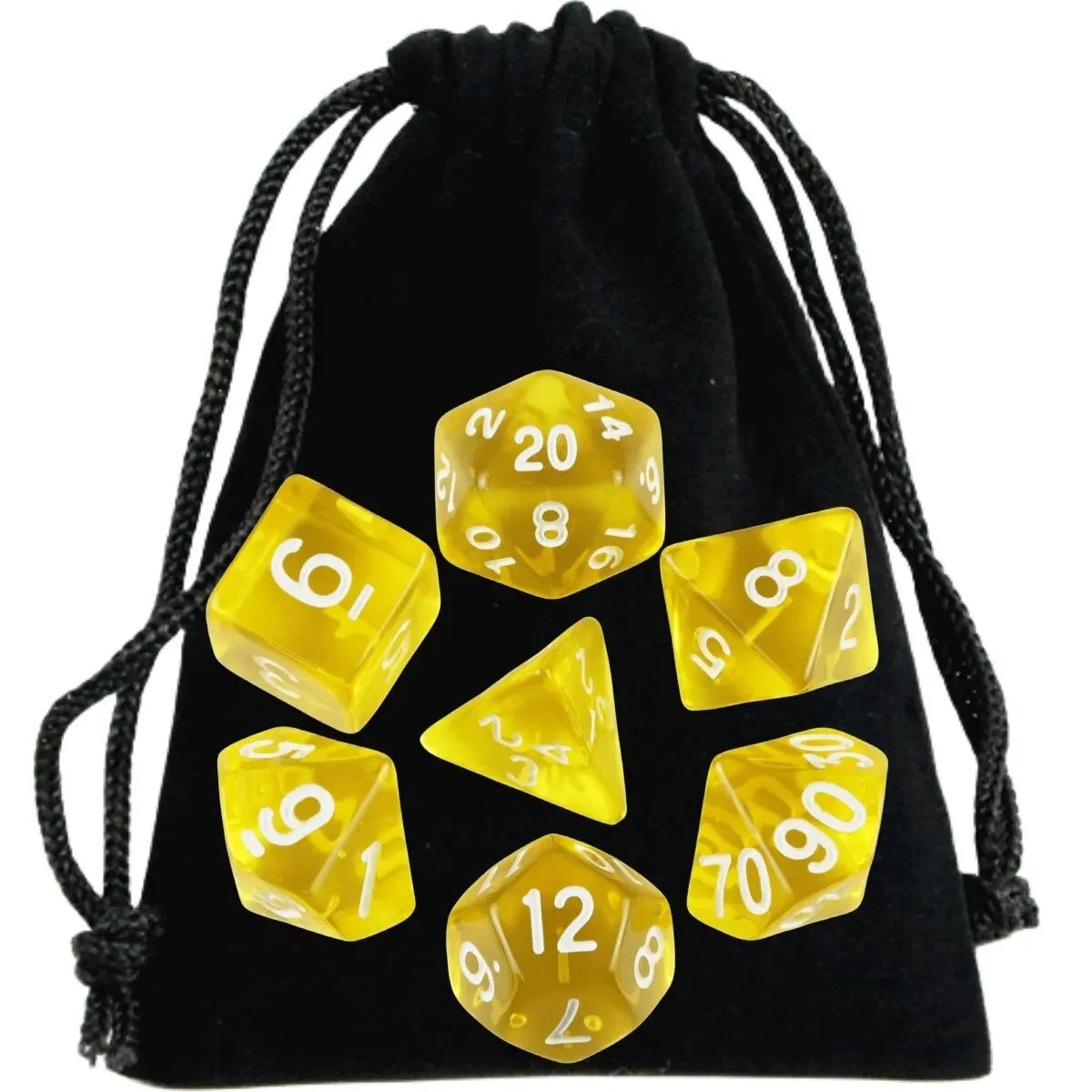 Set of yellow dice with white numbers on a black drawstring bag