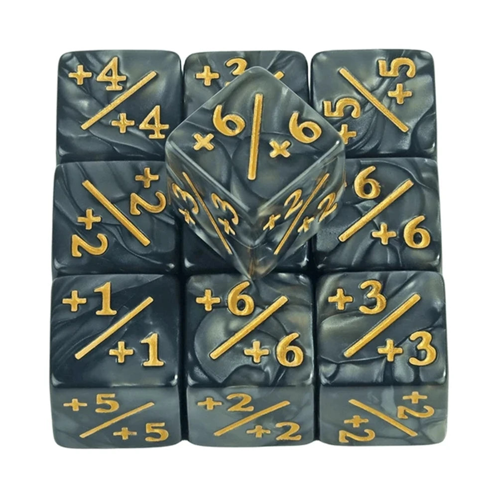 Set of gray dice with gold numbering on a white background