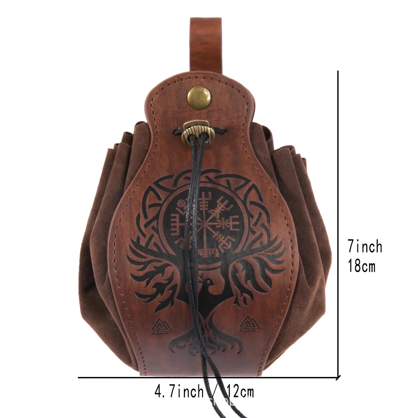 Brown leather pouch with tree of life design and measurements on a white background