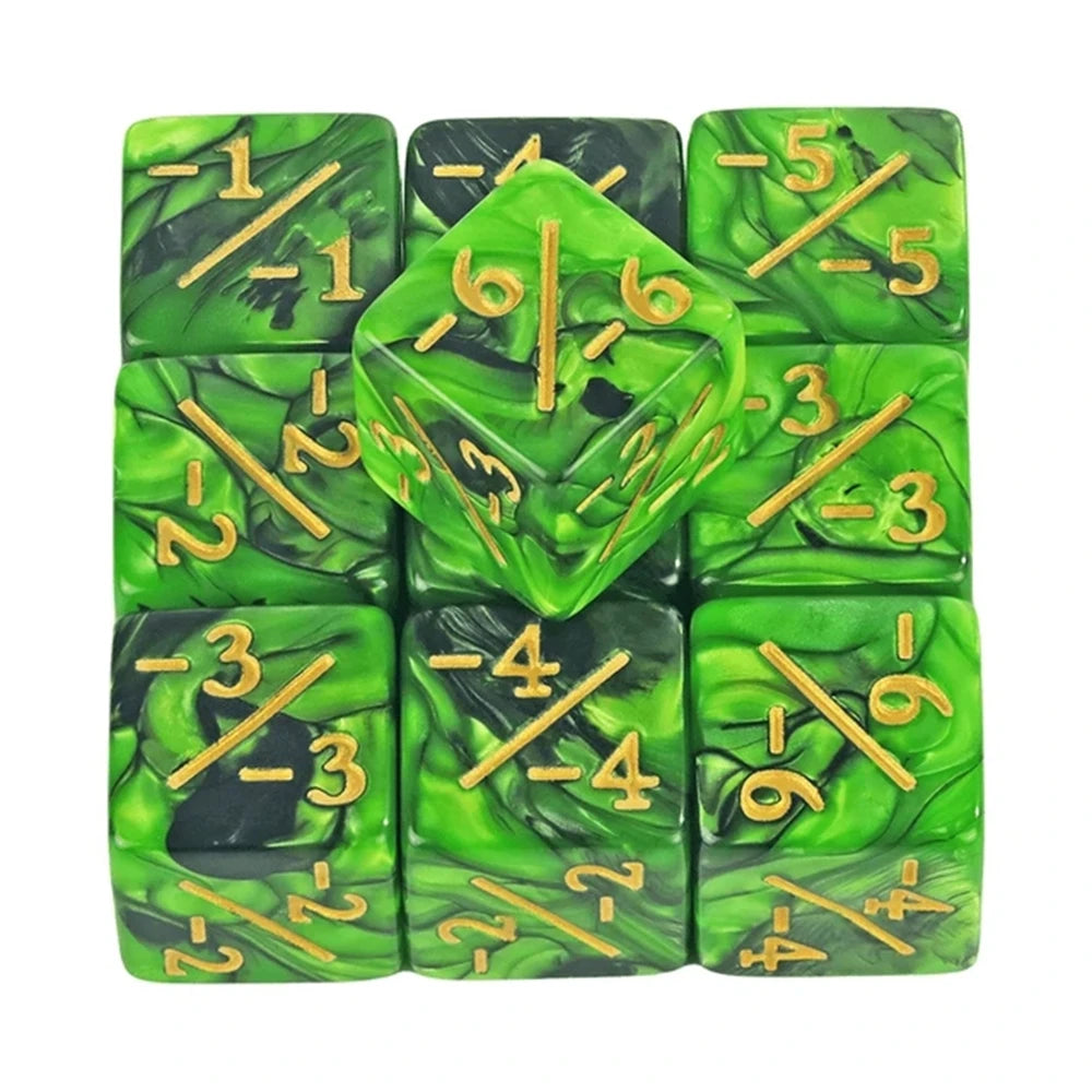Set of green dice with gold numbers on a white background