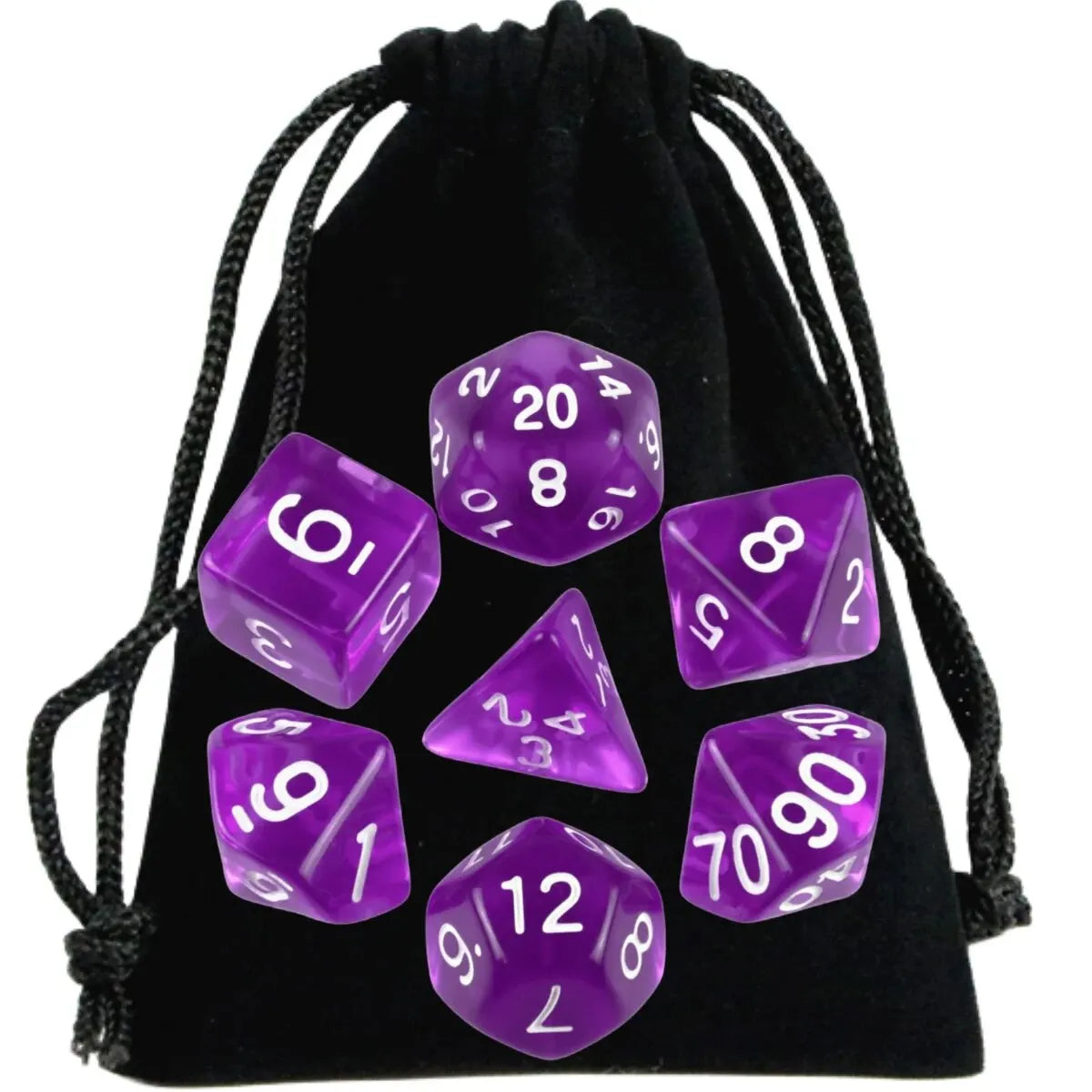 Purple dice set with white numbers on a black drawstring bag