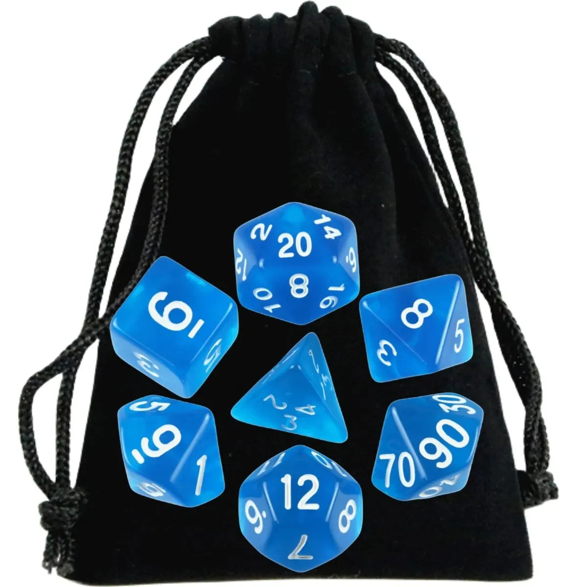 Set of blue dice with white numbers on a black drawstring bag