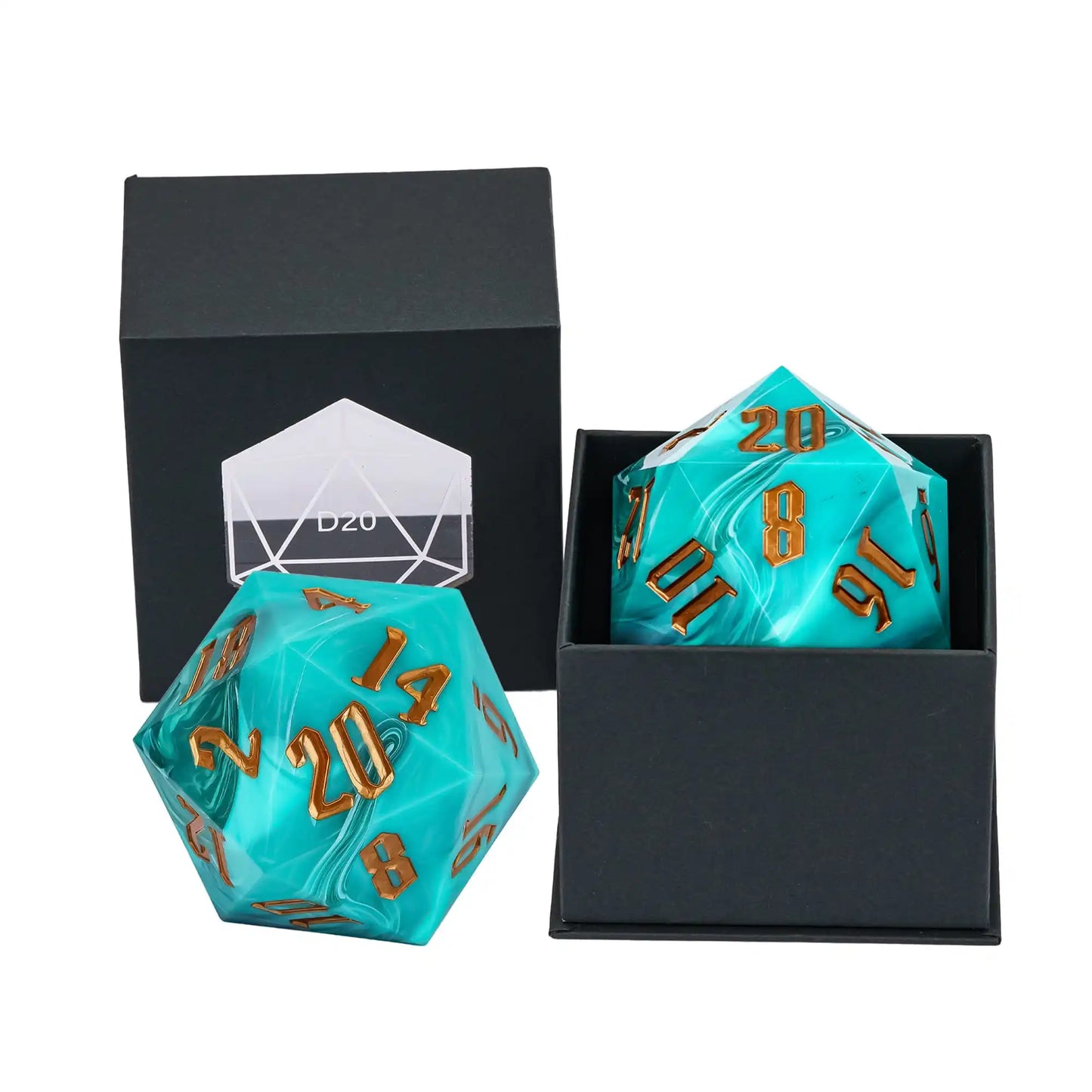 A set of translucent aqua blue D20 polyhedral dice with gold numbers, shown with a black presentation box on a white background.