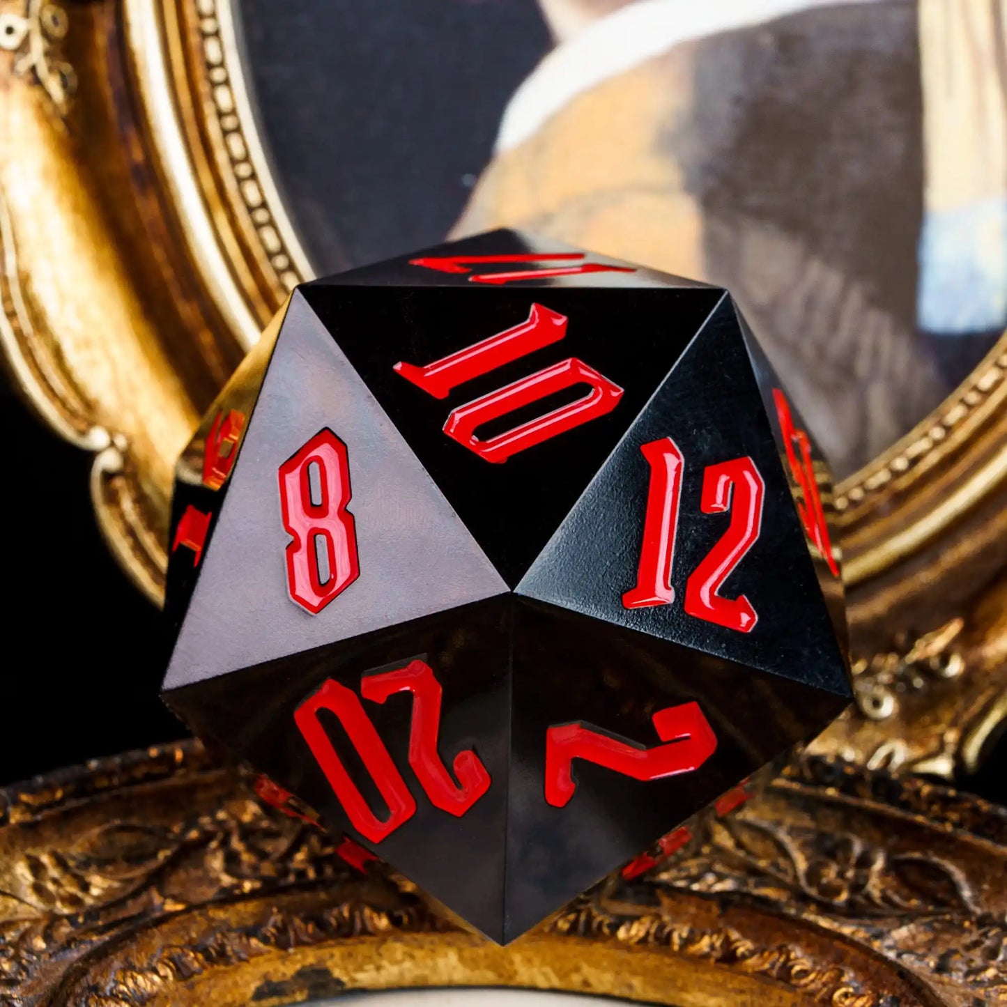 Black and red polyhedral dice with numbers on a decorative background