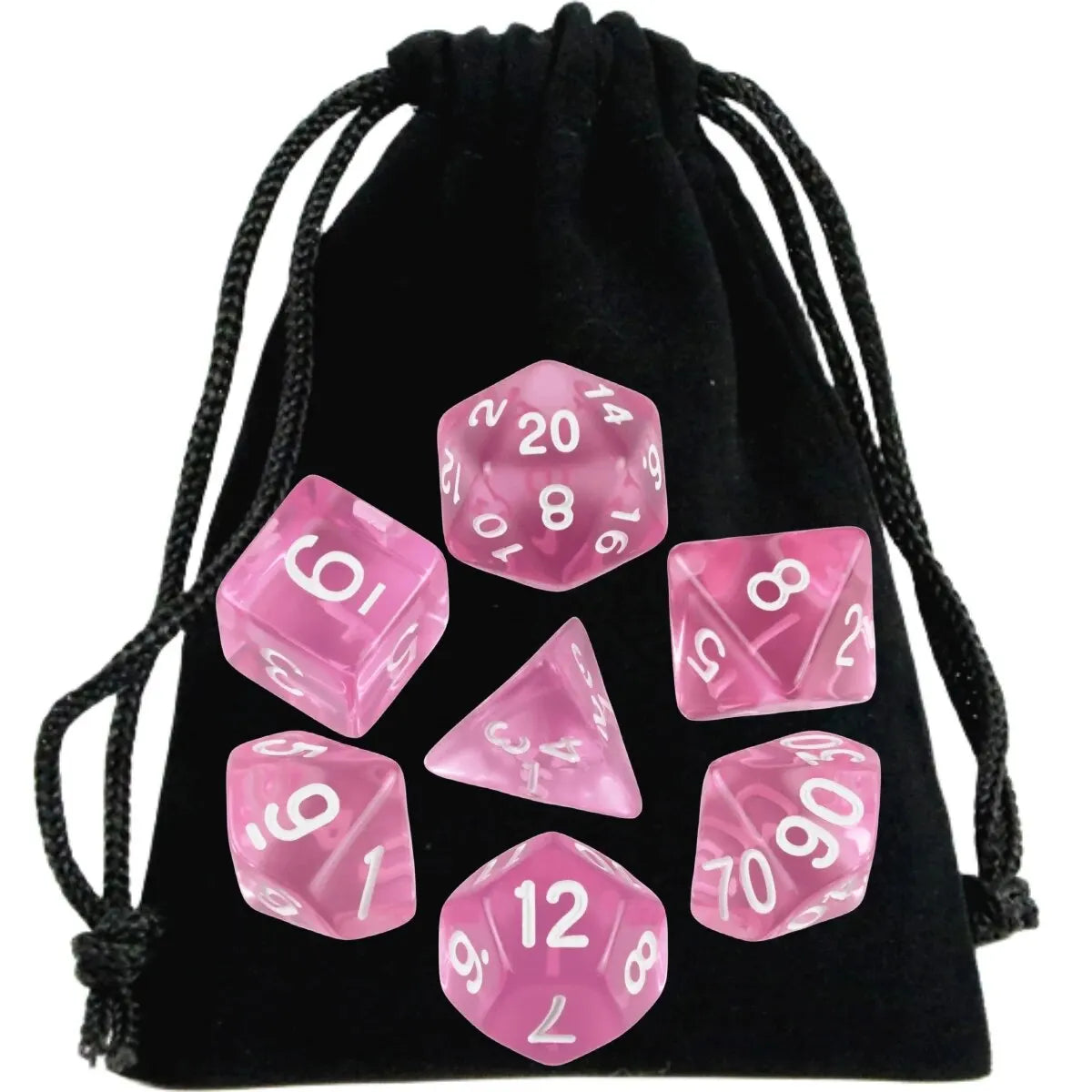 Set of pink dice with white numbers in a black drawstring bag