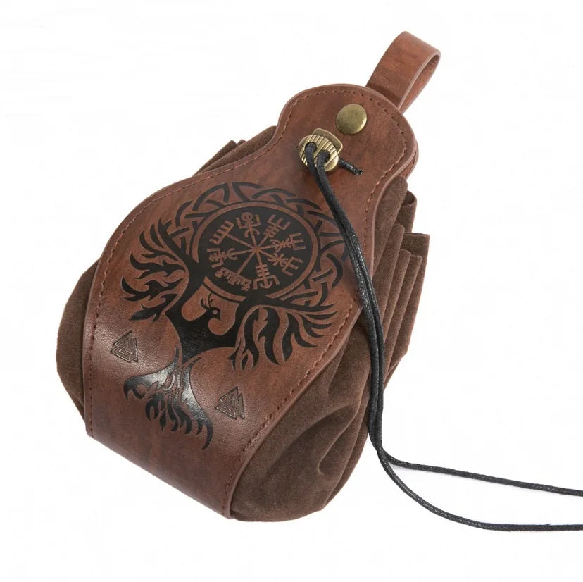 Brown leather pouch with embossed design on a white background